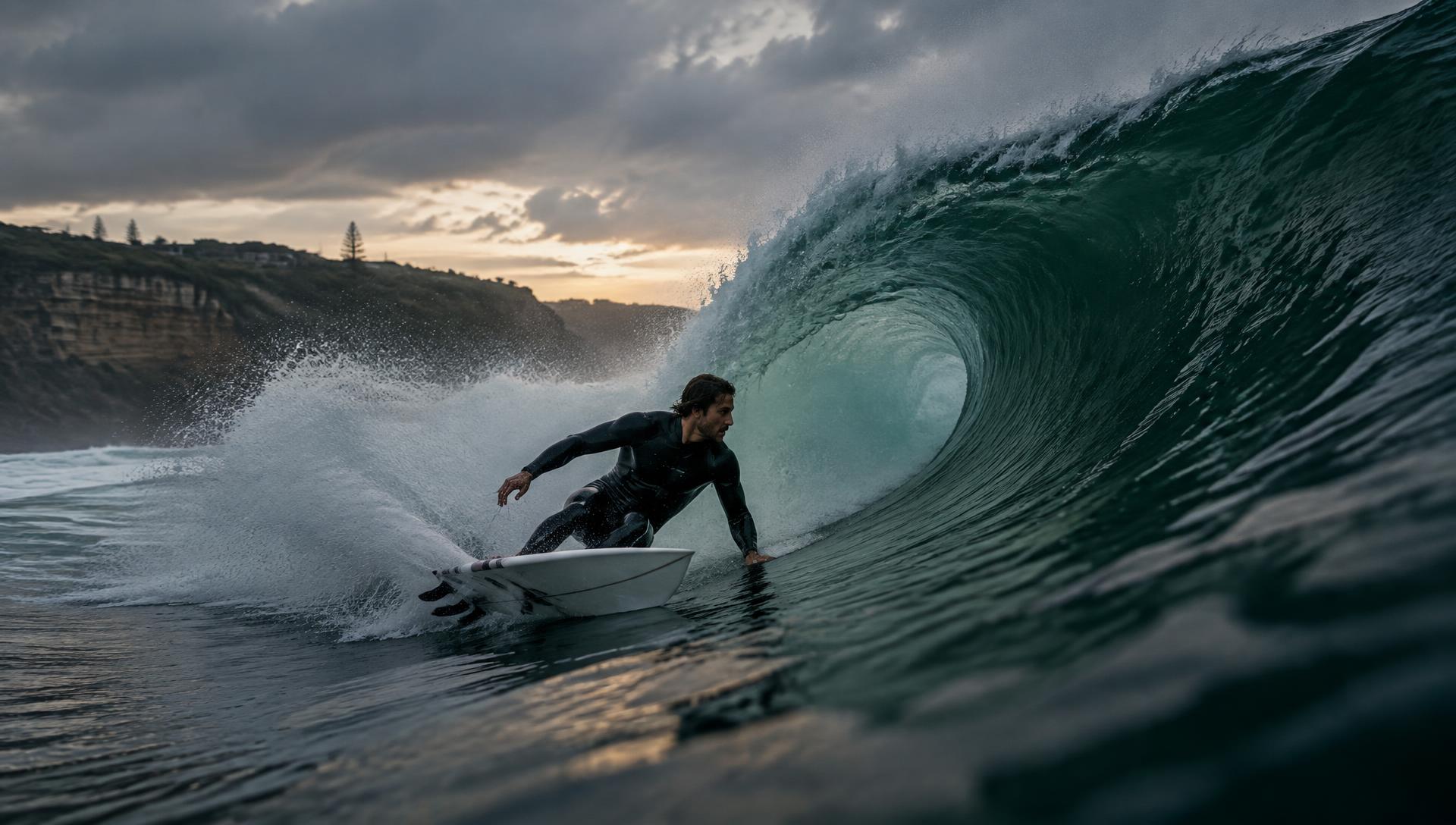 Surfer carving a bottom turn on a barreling wave